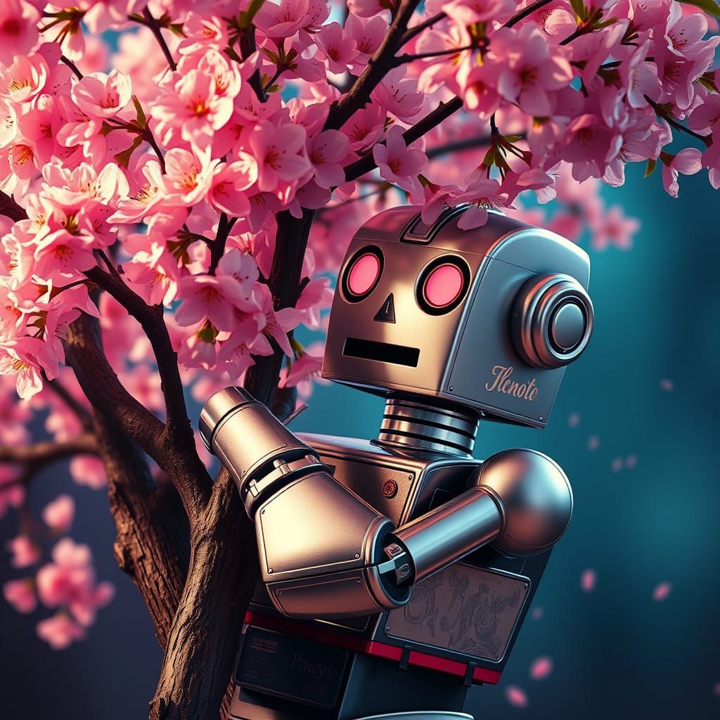 Retro Japanese Robot Hugs Sakura Tree