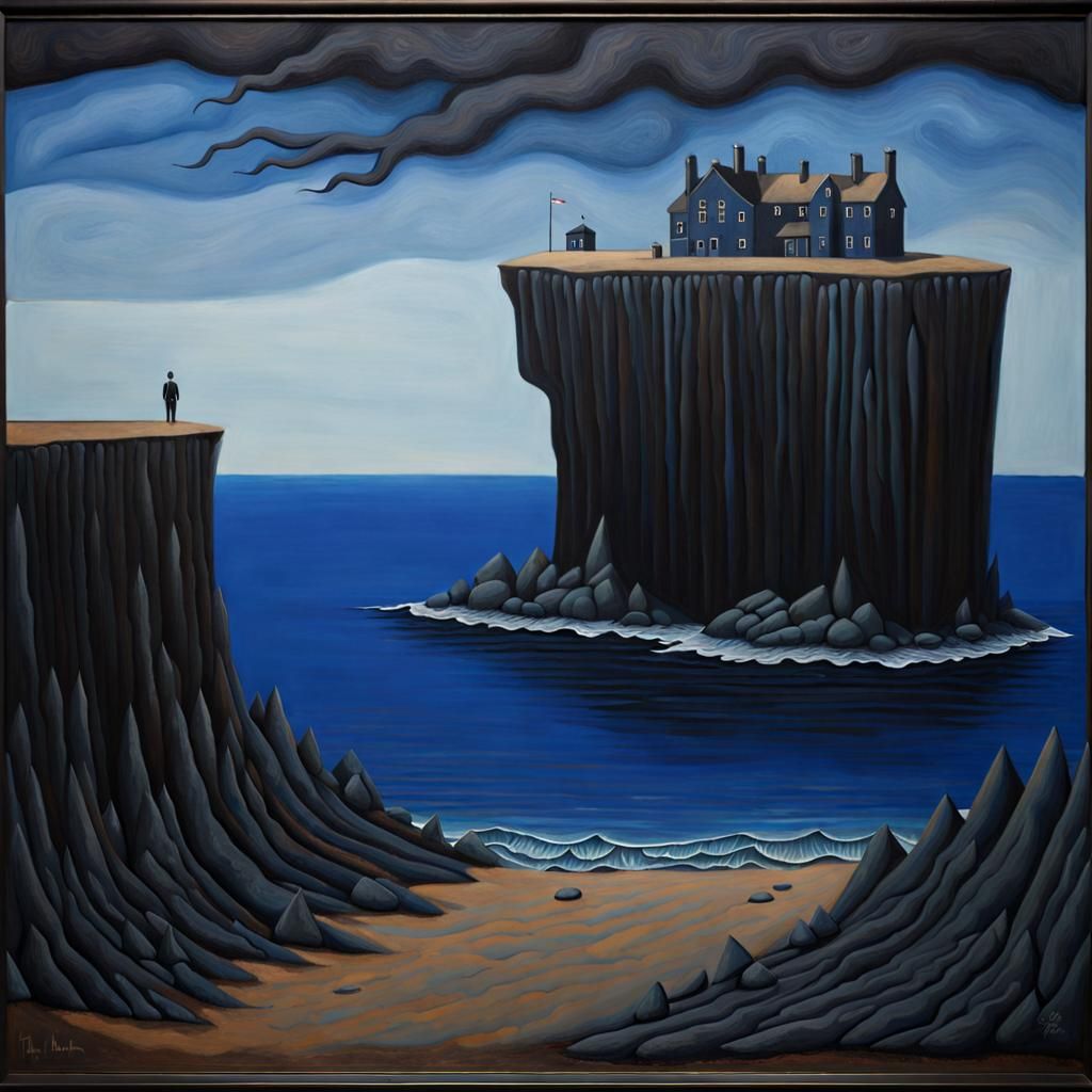 Bleak Future: Surreal Oil Painting of Sea-Cliff Island