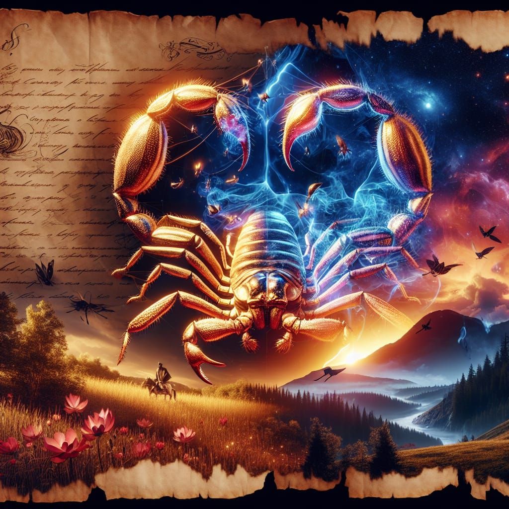 Luminescent Scorpion Men on Ancient Parchment