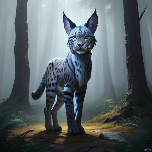 Lynx in Blue Clothing in Misty Forest