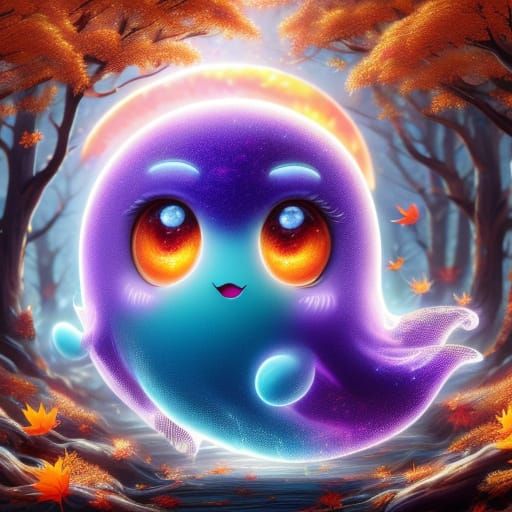 Whimsical Purple and Orange Ghost in Autumn Watercolor Style