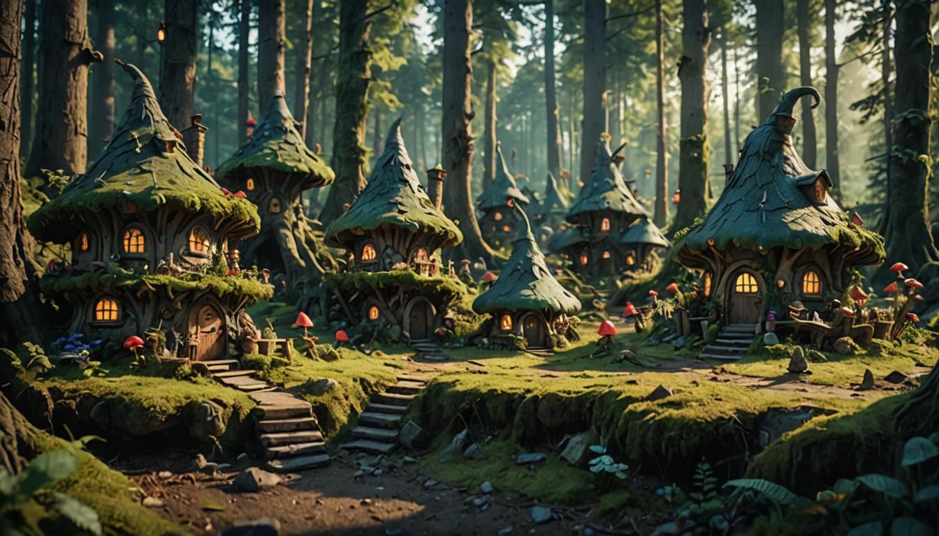 Enchanting Fairy Village in Forest: Cinematic Film Still