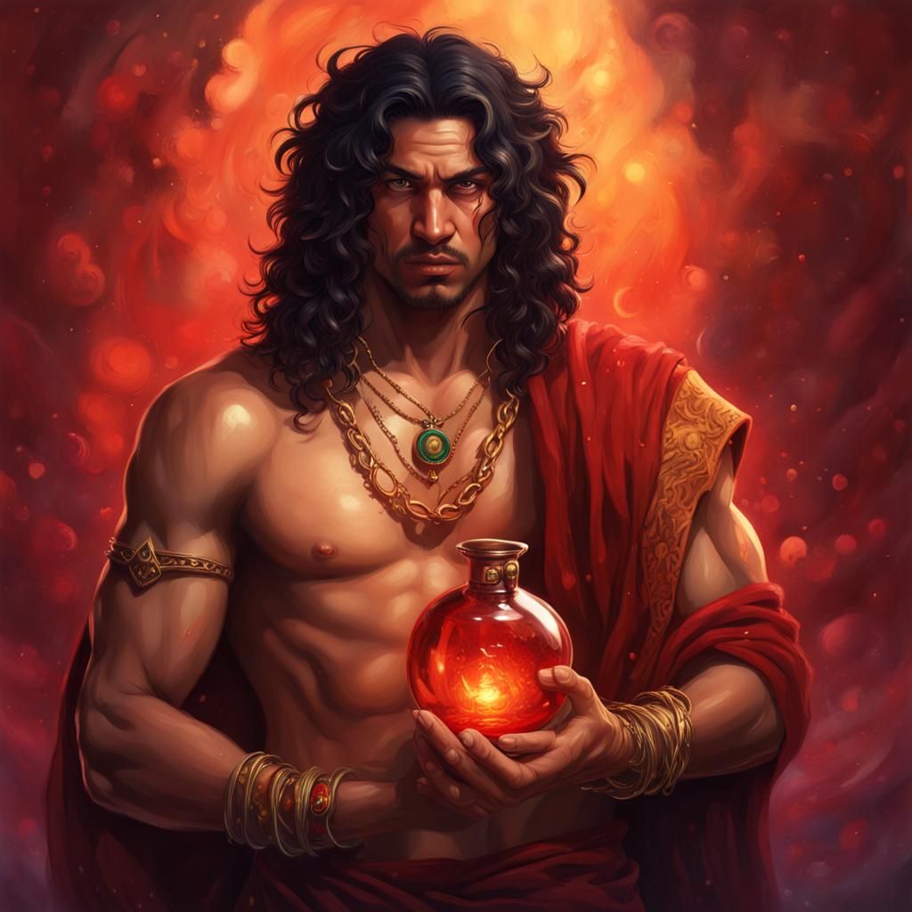 Romani Druid with Potion: Hyperrealistic Splash Art