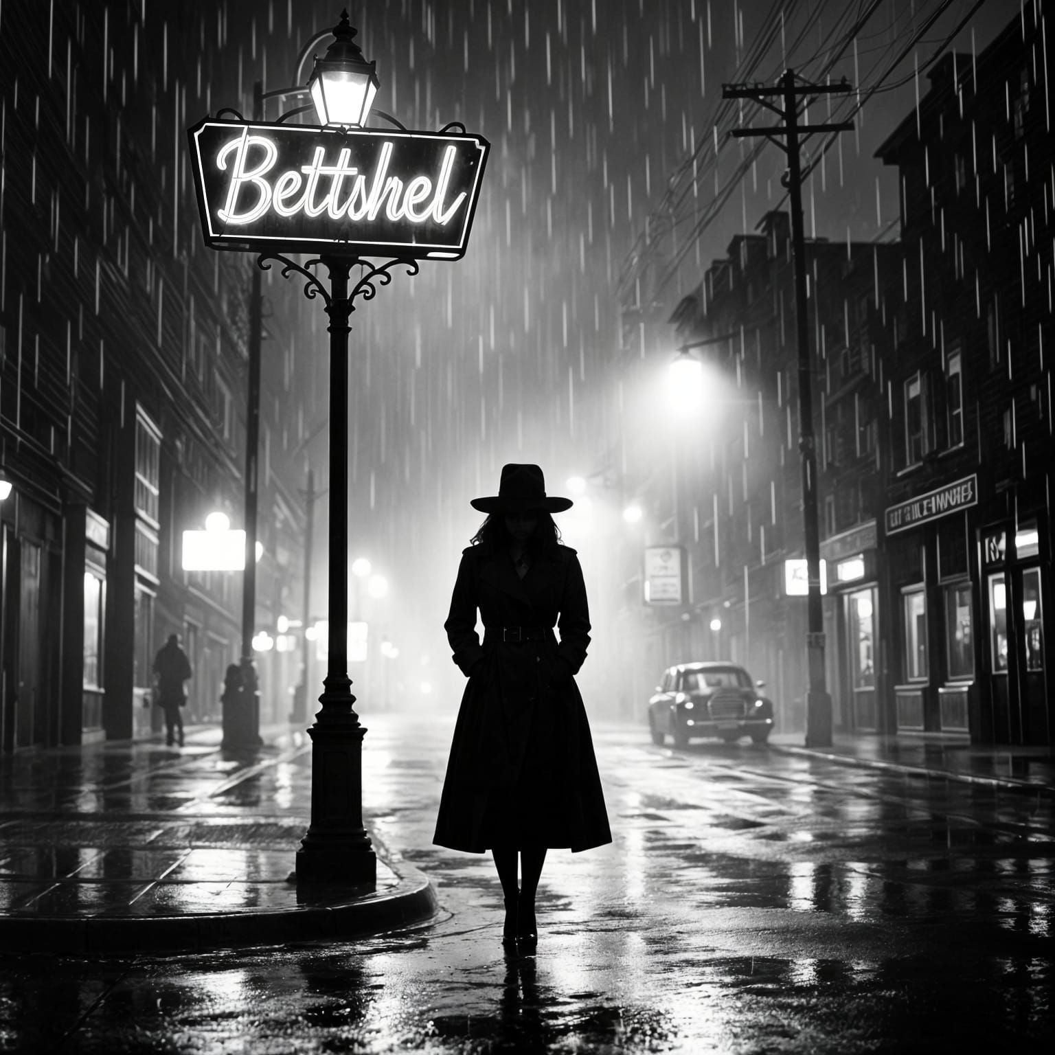 Noir Film Still: Mysterious Figure in Rainy Street