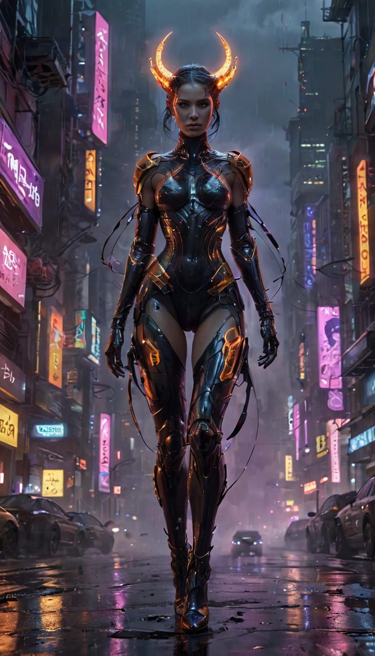 Cyberpunk Demoness Illuminates Rainy Cityscape