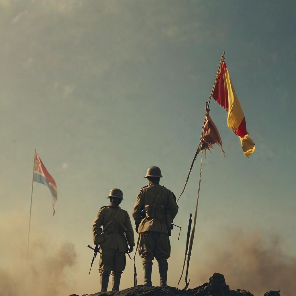 Soldier Raises Flag After Victorious Battle