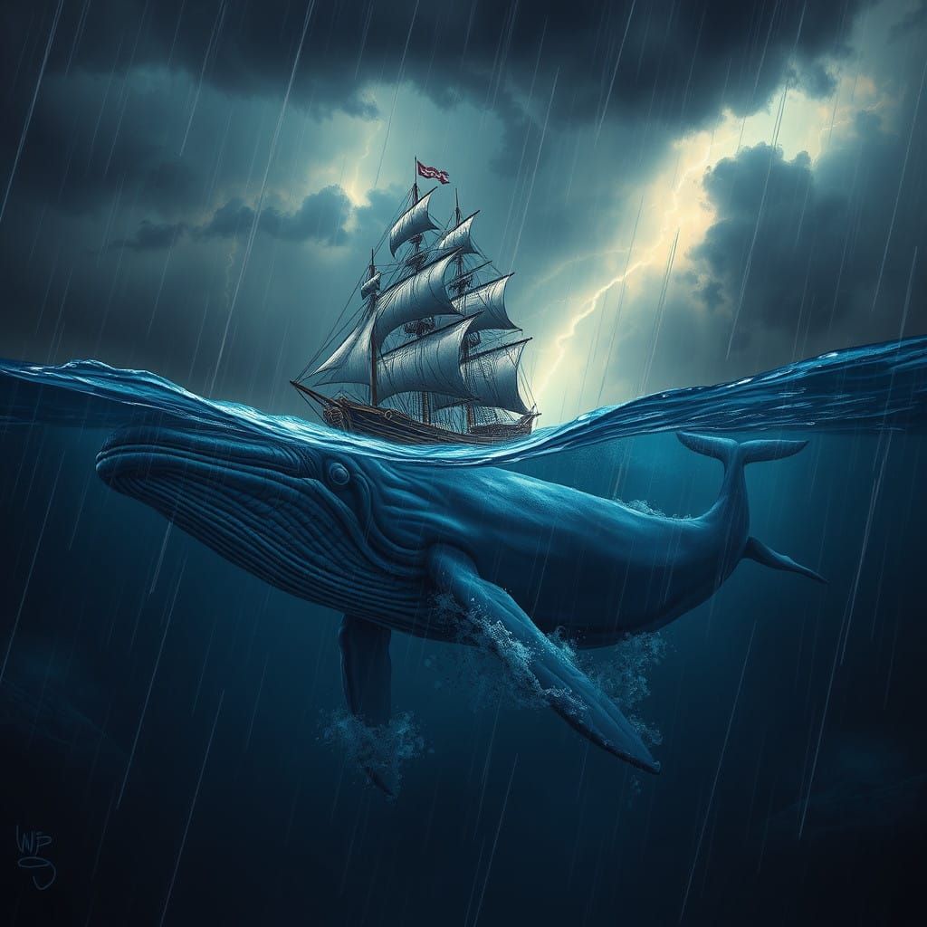 Majestic Whale Submerged Under Ocean, Sailing Ship precariou...