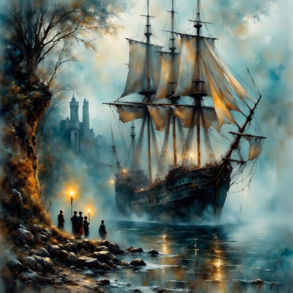 Ancient Sailing Ship Drifting in Misty Bay