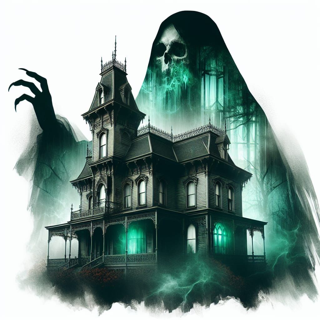 Haunted Victorian House with Spectral Figure