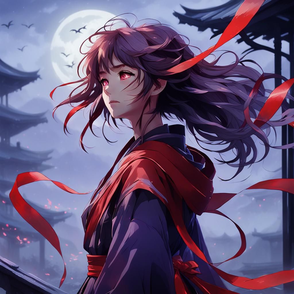 ompt: superfine painterly, woman in red, purple ribbon in he...