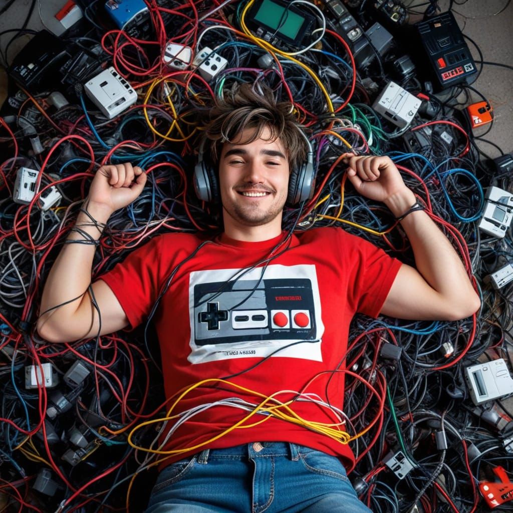 Gamer Satisfied in Pile of Tangled Wires