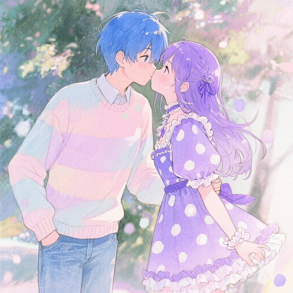 Pastel Anime Couple Kissing in Watercolor Style