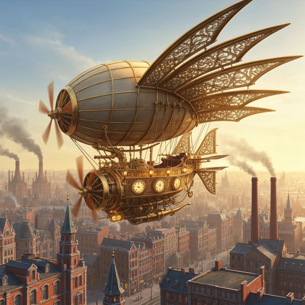 Steampunk Hummingbird Airship Over Victorian City