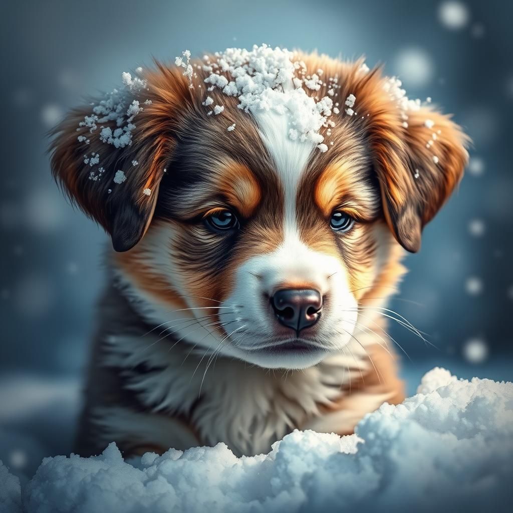 Puppy in Snow: Hyperrealistic Splash Art