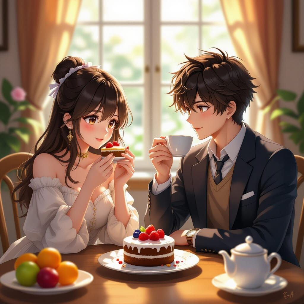 Chocolate Cake and Fruit Dessert in Painterly Style