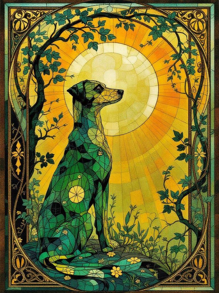 Luminous Glass Hound in Art Nouveau Sunlit Forest