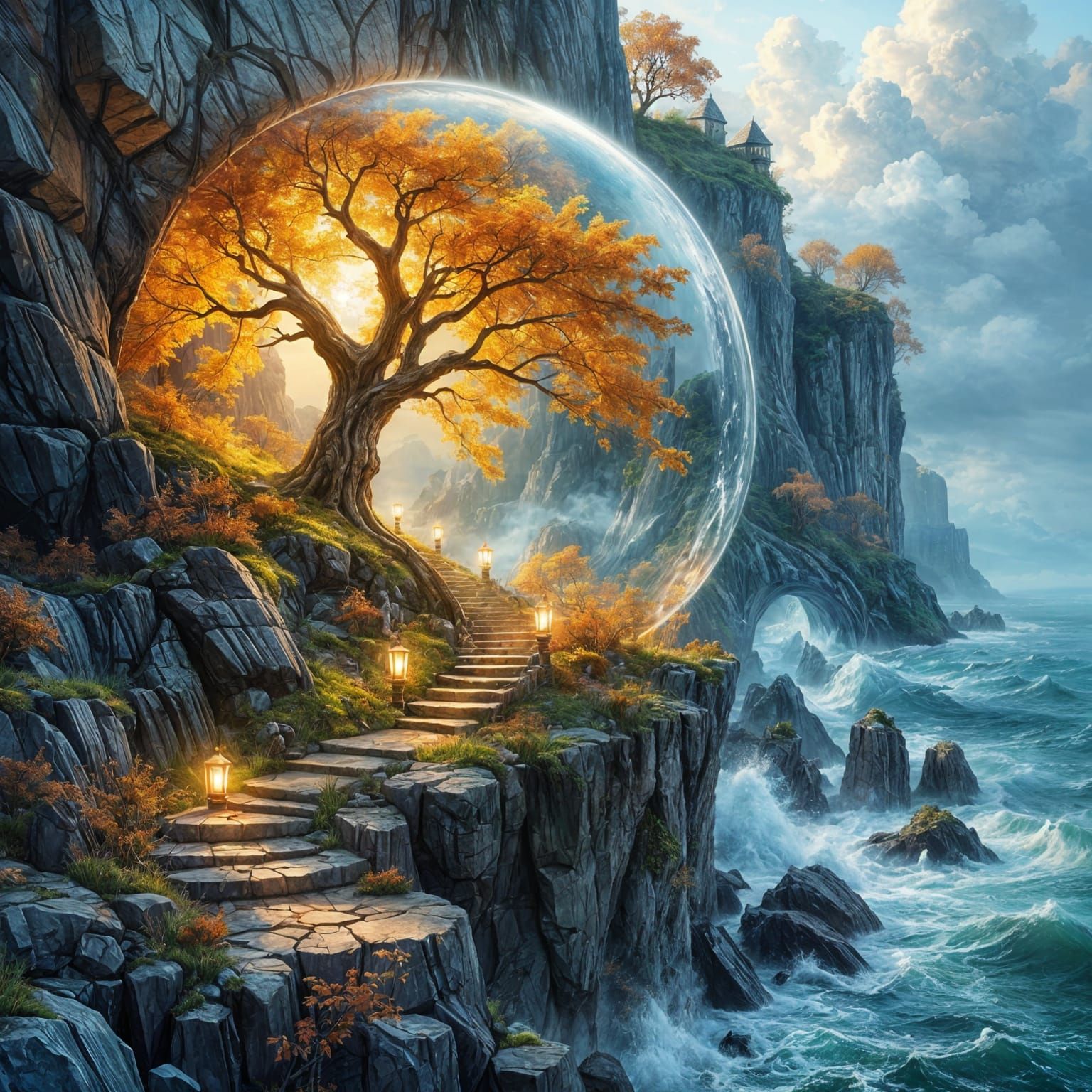 Glowing Autumn Tree in Glass Sphere Fantasy Art