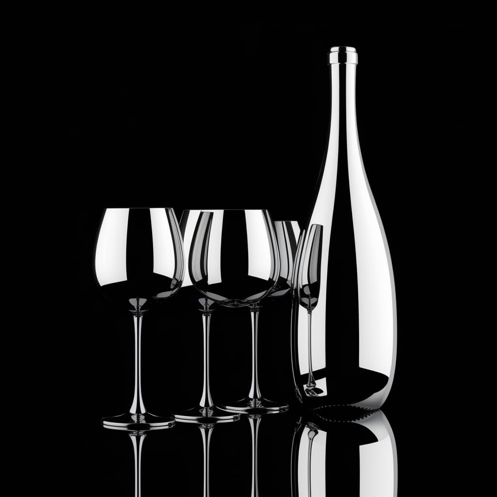 Luxurious Chrome Wine Bottle and Glasses in Metallic Finish