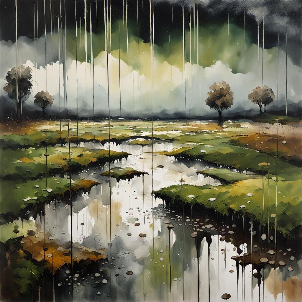 Rainy Field Acrylic Painting with Occult Elements