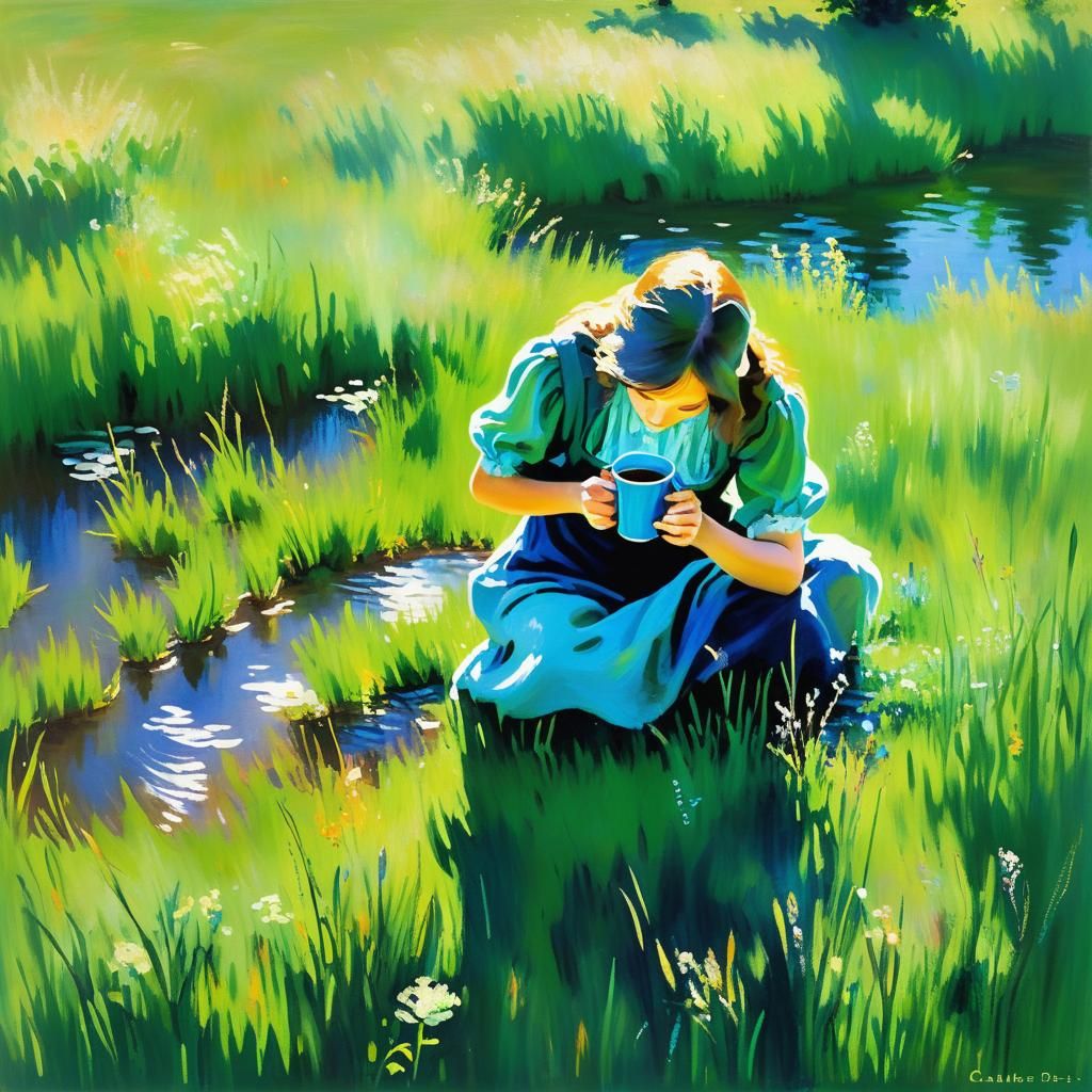 Impressionist Painting of Person Drinking Tea in Meadow