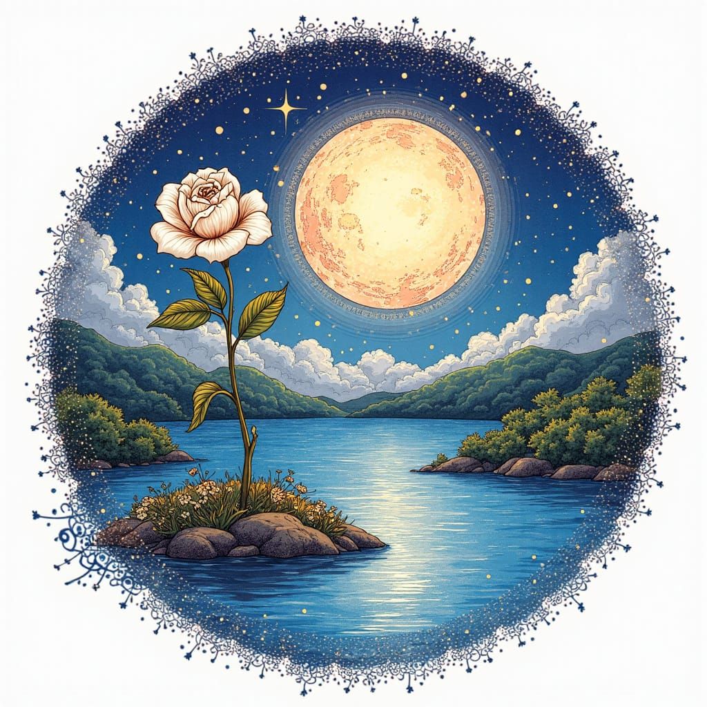 Ethereal Zentangle Rose Blooms Under Starry Night Sky