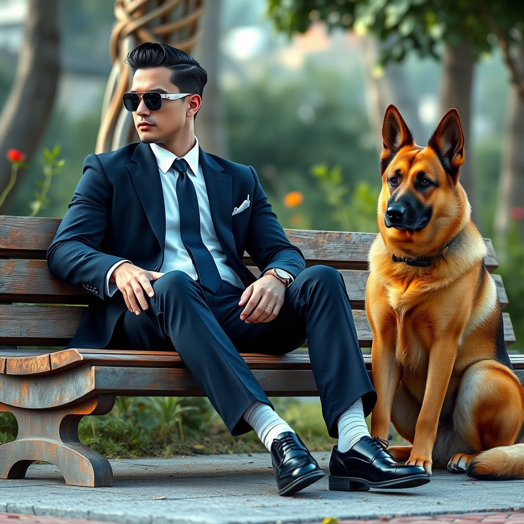 Man in Suit with German Shepherd, Photorealistic Fantasy Art