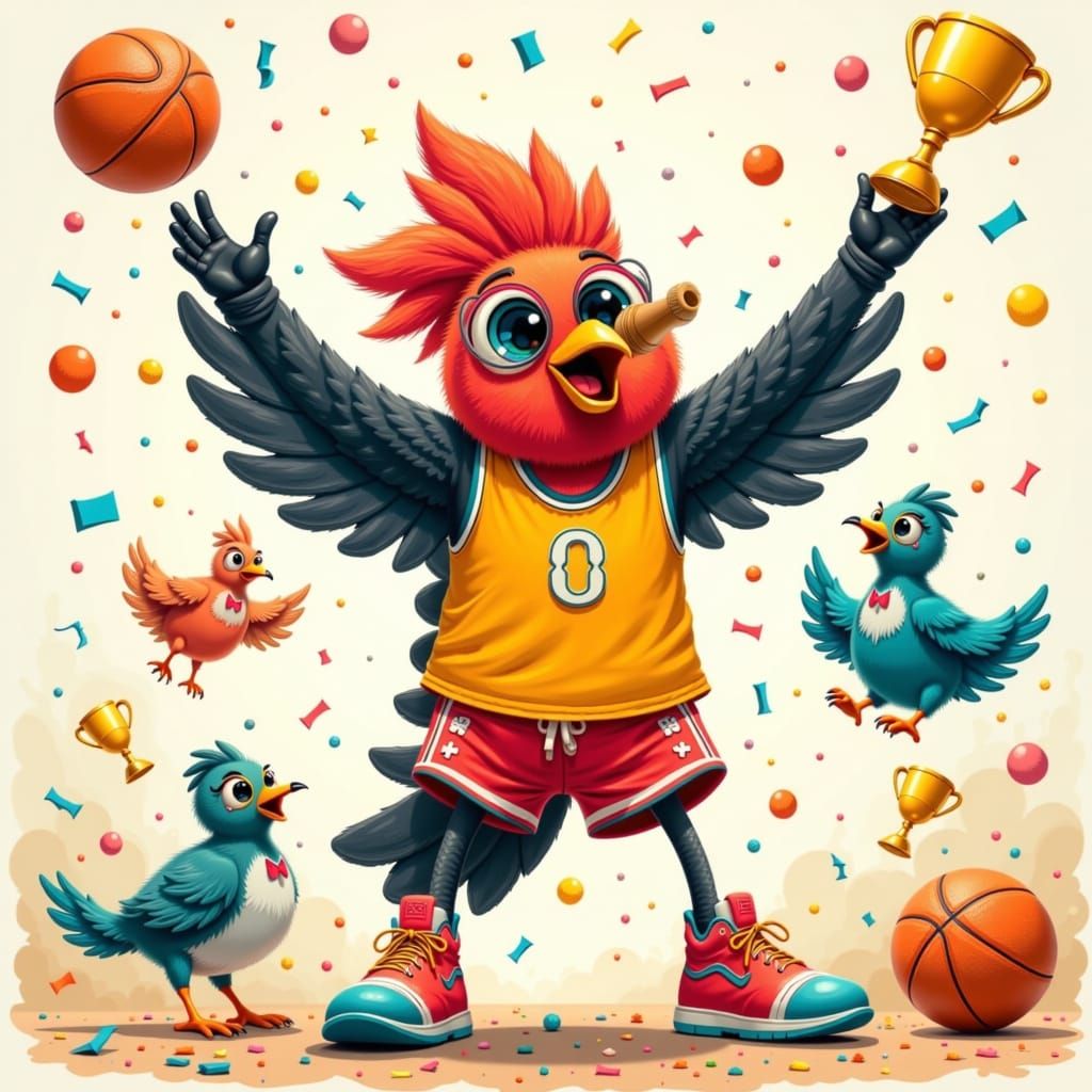 Robin Celebrates Victory with Bird Friends: Whimsical Illust...