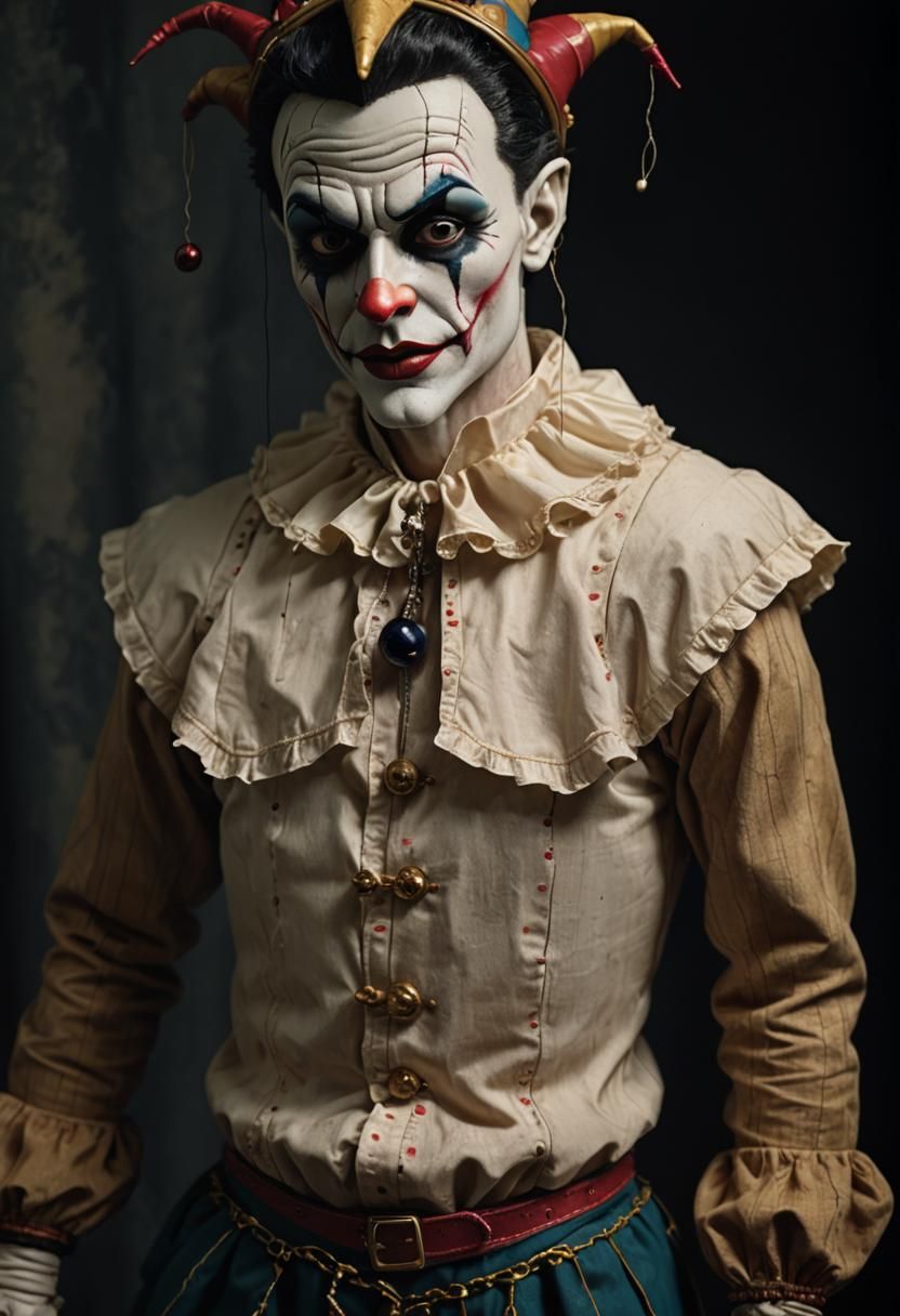 Evil Jester Marionette Doll with Human Face