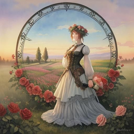 Watercolor Meadow at Dawn with Steampunk Engine