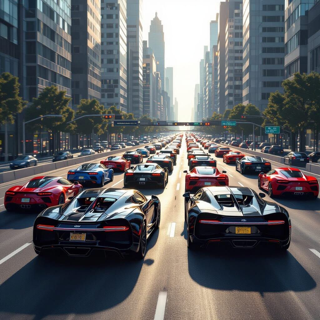 Bugatti Chiron and Supercars in Urban Traffic