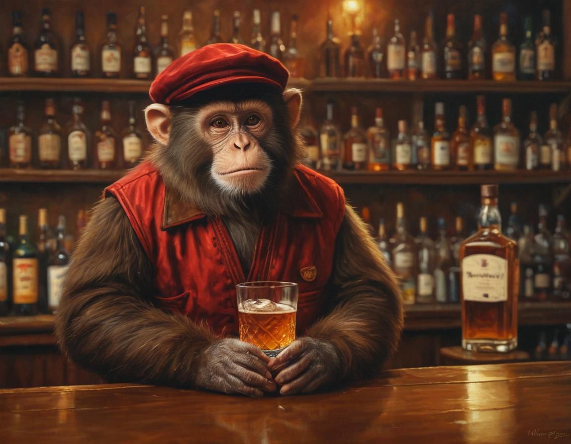Monkey Bartender in Tavern Scene as Oil Painting