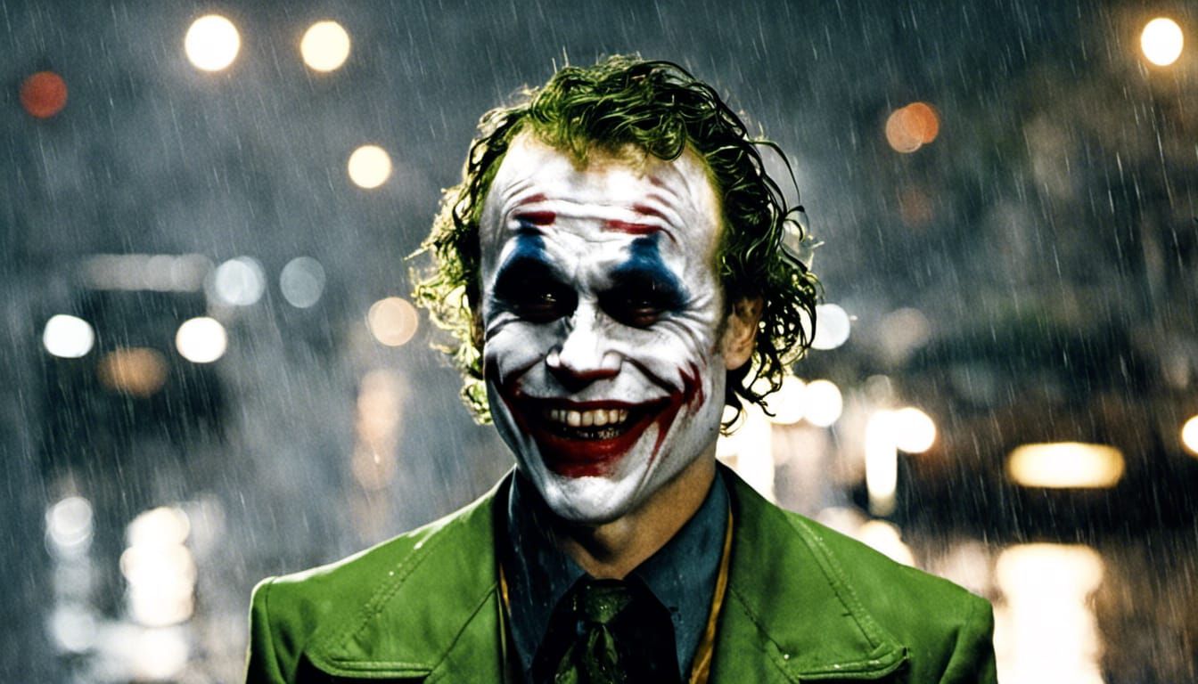 Joker Laughing in Rainy Night Scene