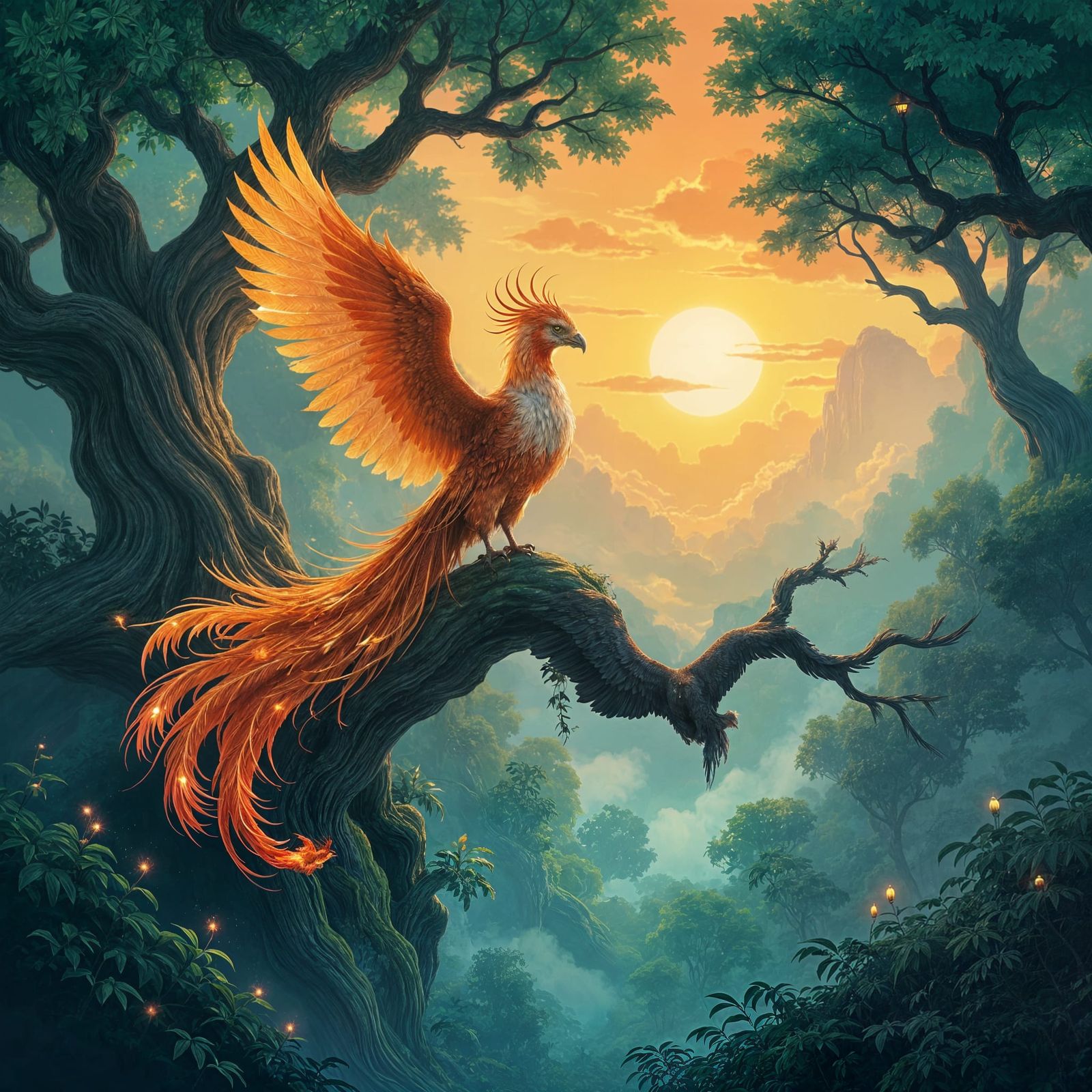 Majestic Phoenix in Mystical Forest at Sunset