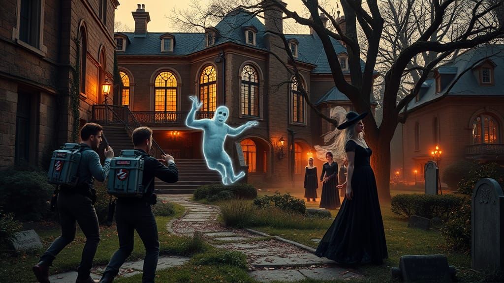 Ghostbusters Battle Witches in Haunted Scene