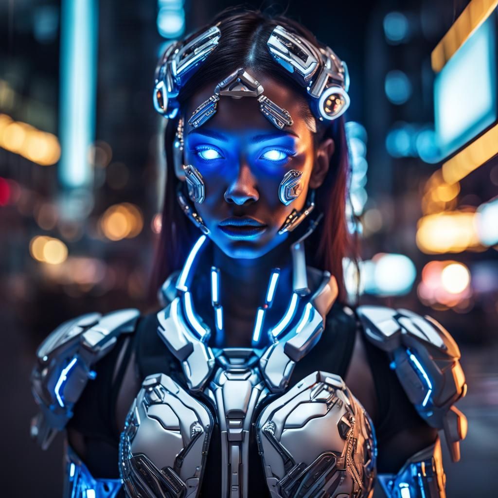 Cyborg Girl with Futuristic Armor in Neon City