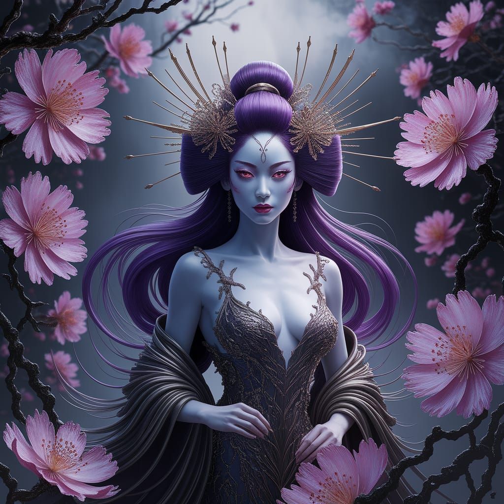 Surreal Japanese Garden Scene in Dark Metallic Tones