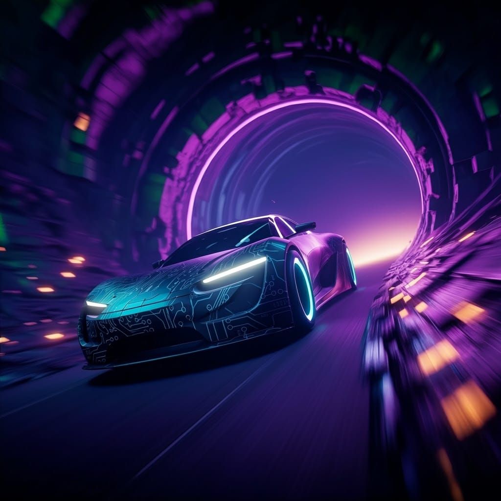 Sleek Electric Car Speeds Through Cosmic Wormhole in Neon-Li...