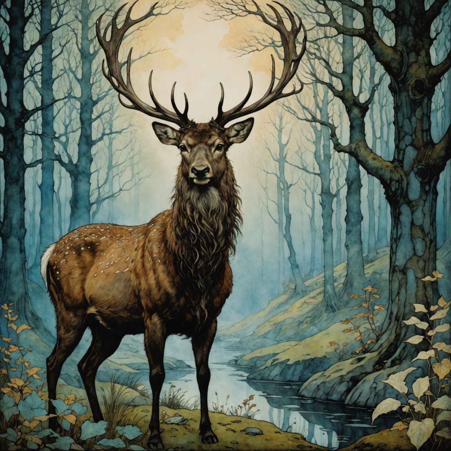 Enchanted Stag Portrait in Misty Glade