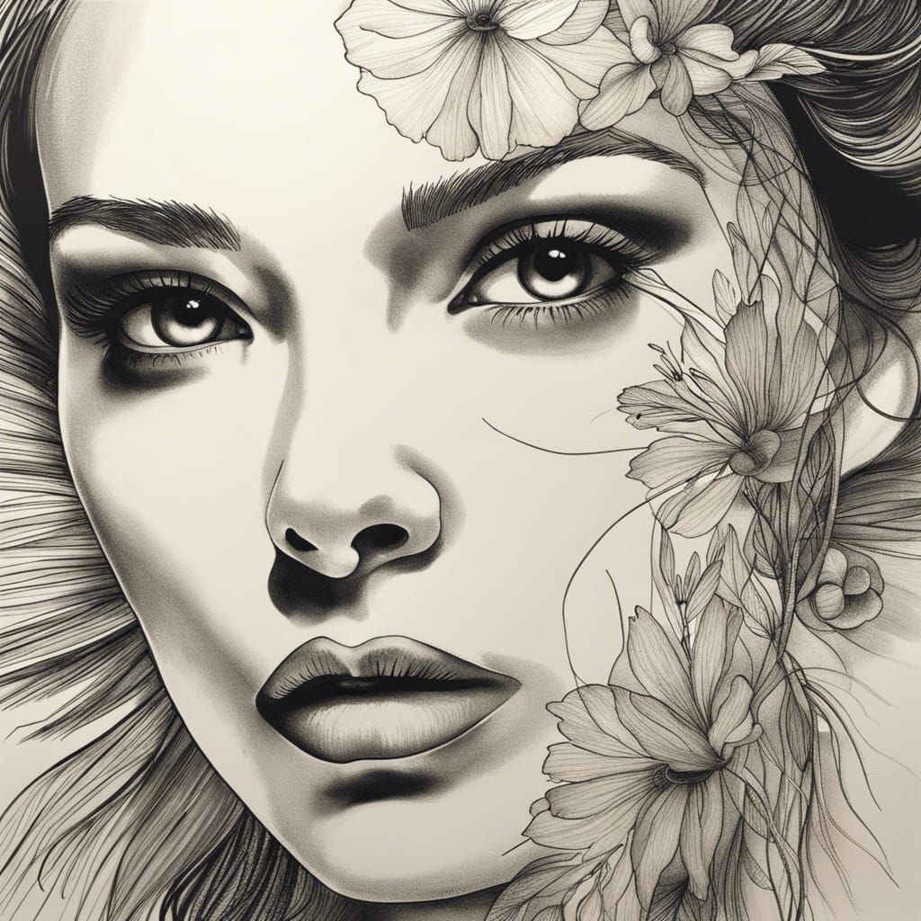 Elegant Ink Drawing: Woman's Face in Monochrome