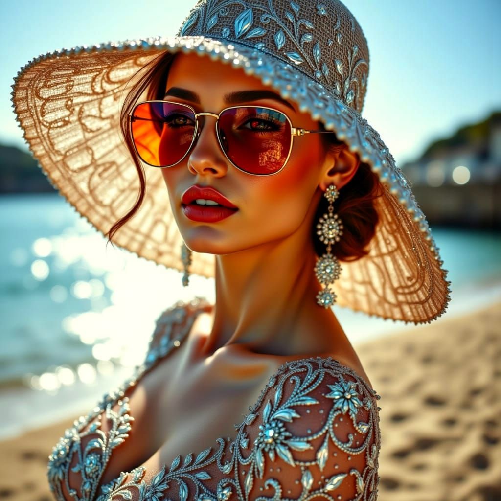 Retro Glamour on the French Riviera in Stained Glass Style