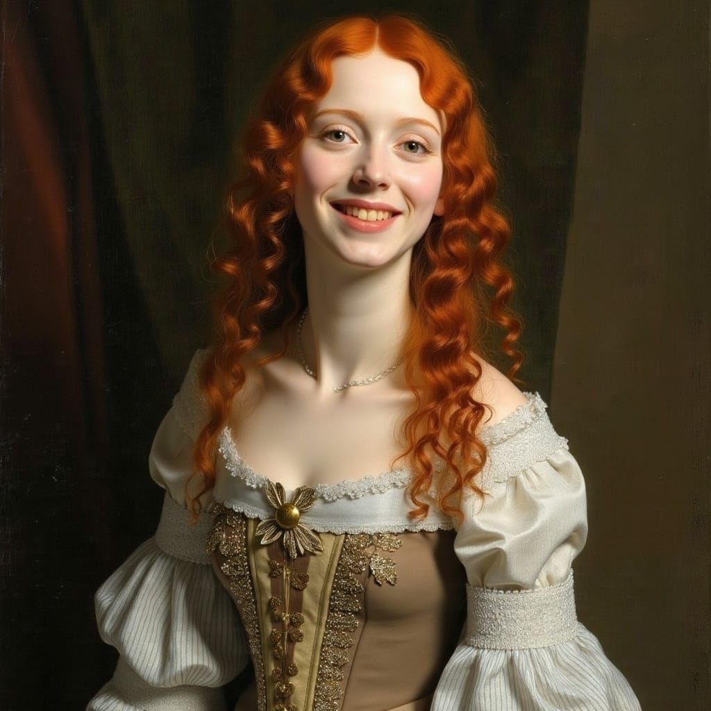 Renaissance Woman Laughs with Delicate Features