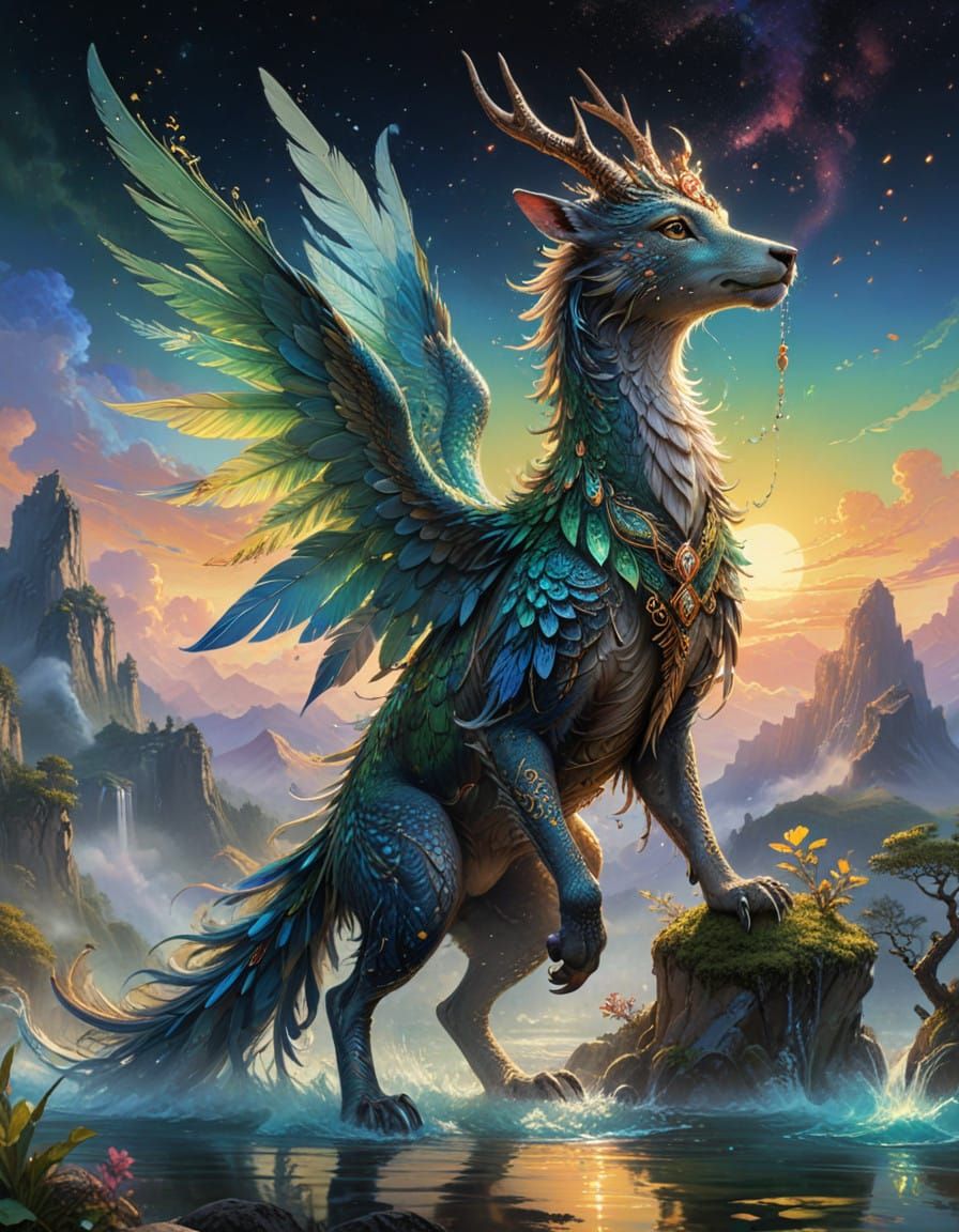 Fantasy Hybrid Creature in Golden Pointillism Style