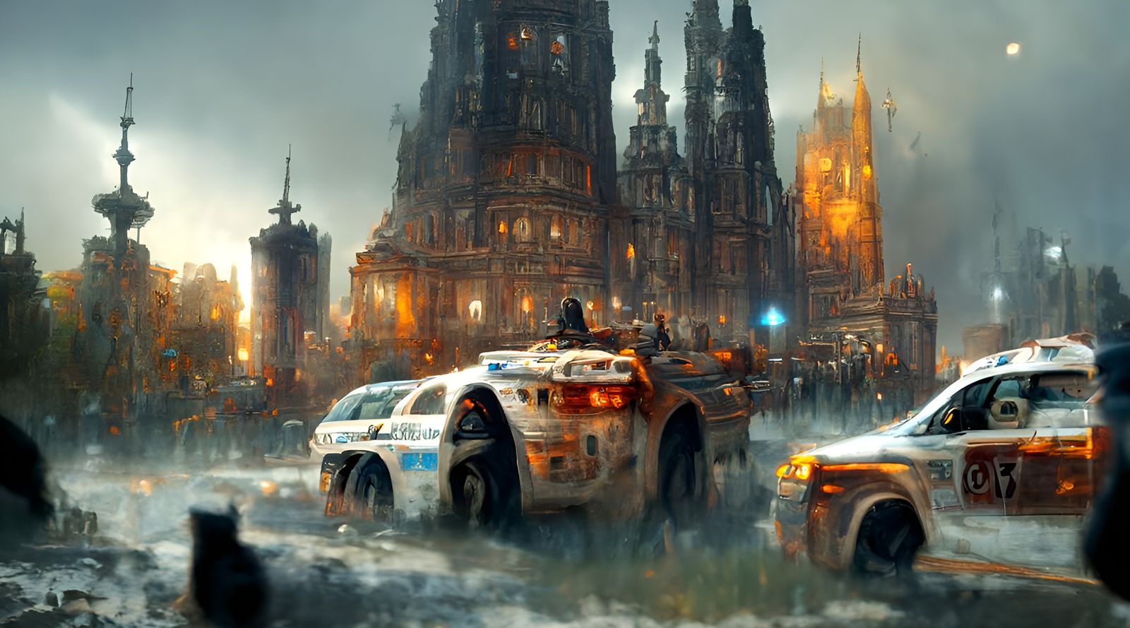 Dystopian Cityscape with Propaganda and Police