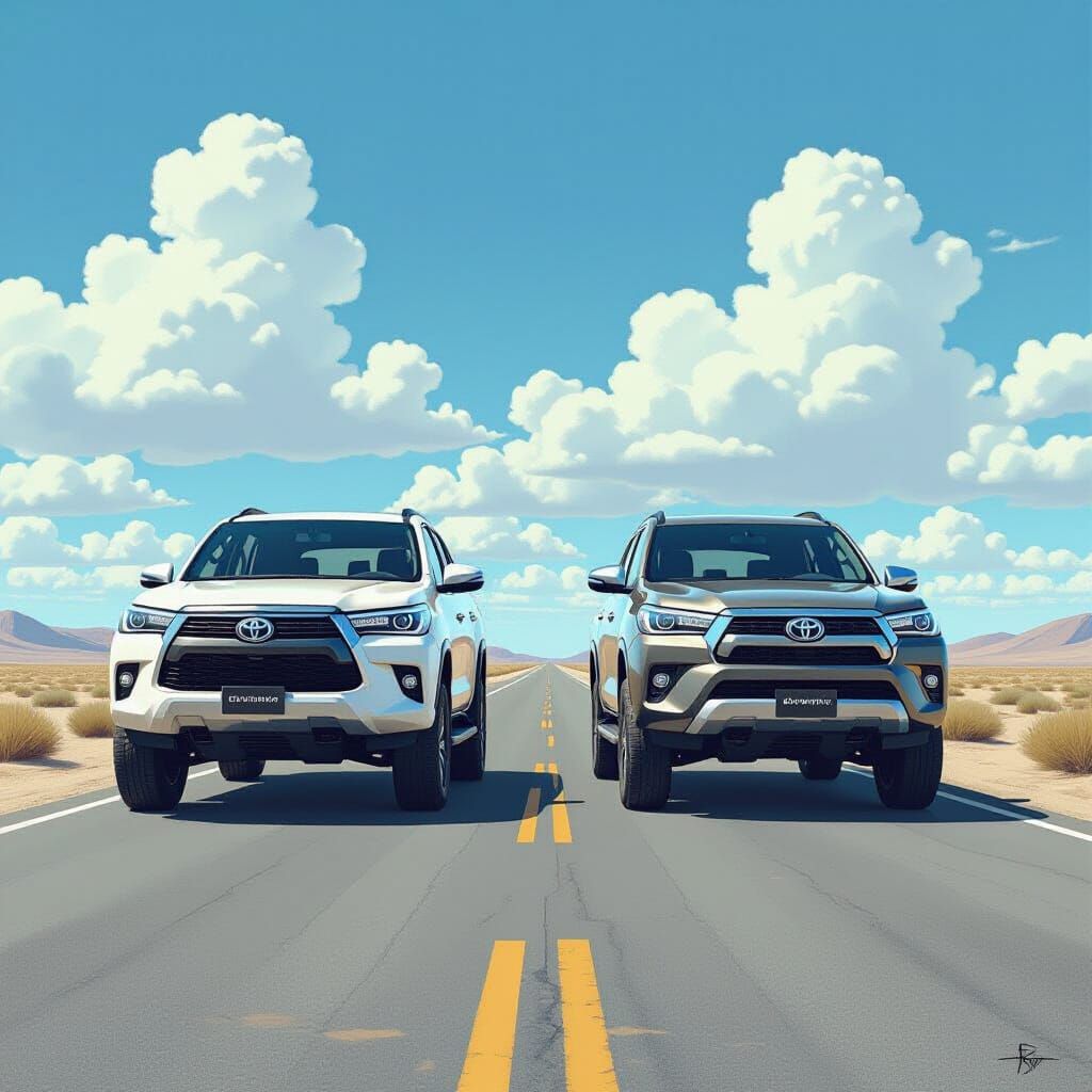 SUVs Parked on Asphalt Road, in Digital Art Style
