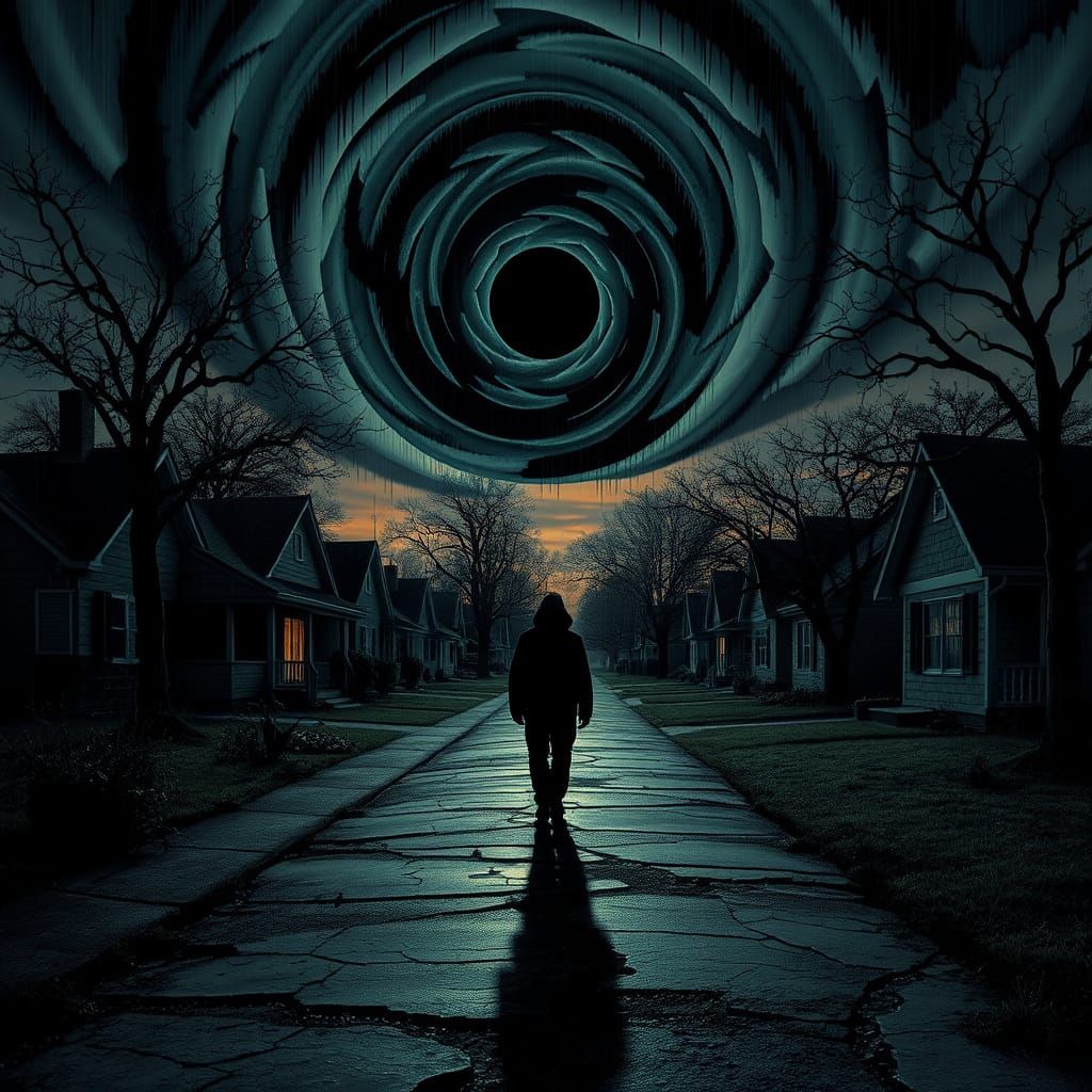 Surreal Suburban Landscape with Black Sun