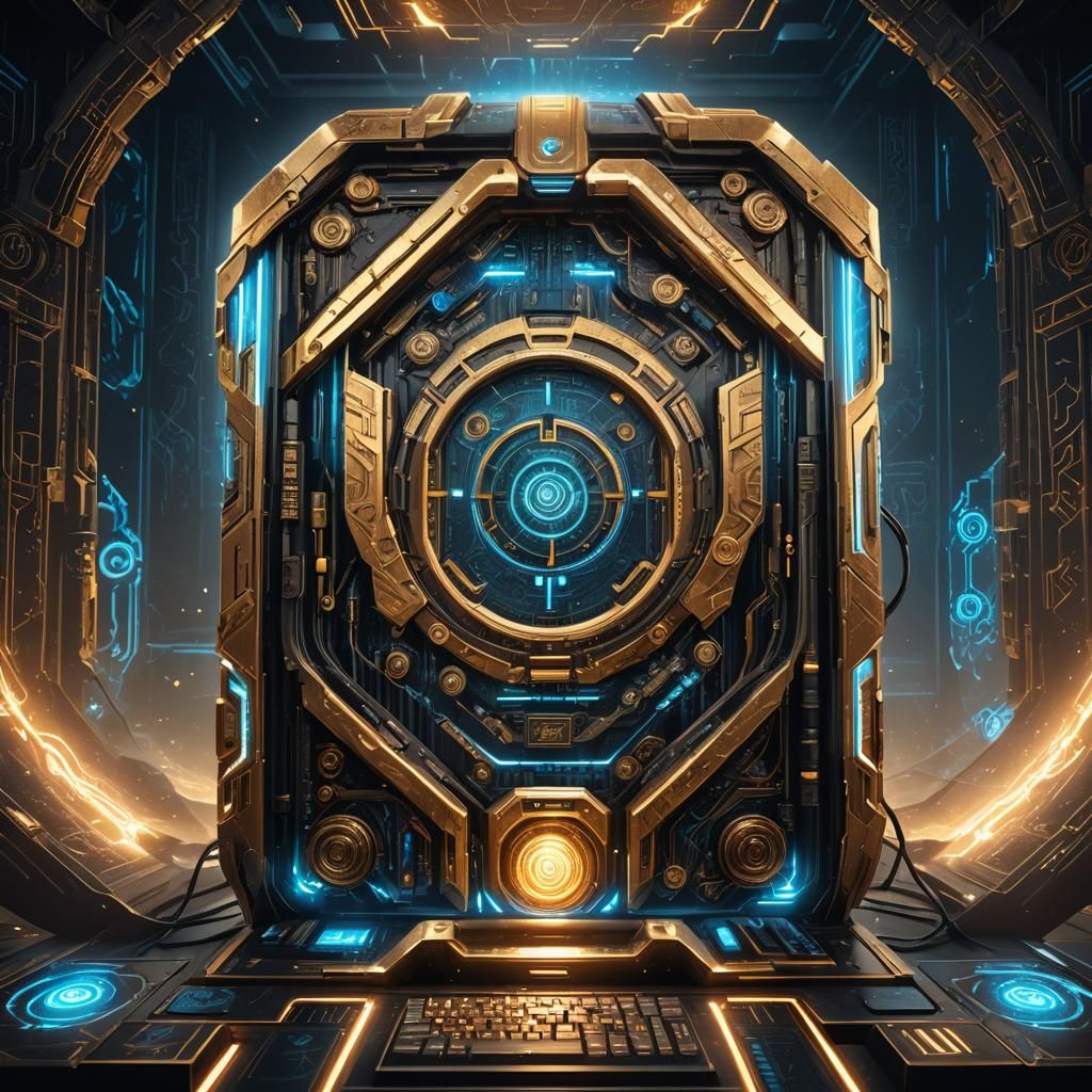 Futuristic Gaming PC with Glowing Circuits in Fantasy Art