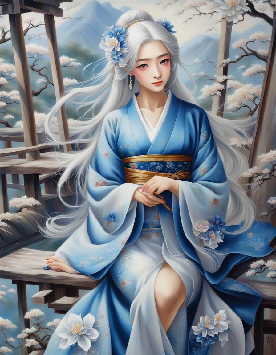 Fantasy Japanese Woman in Oil Painting Style