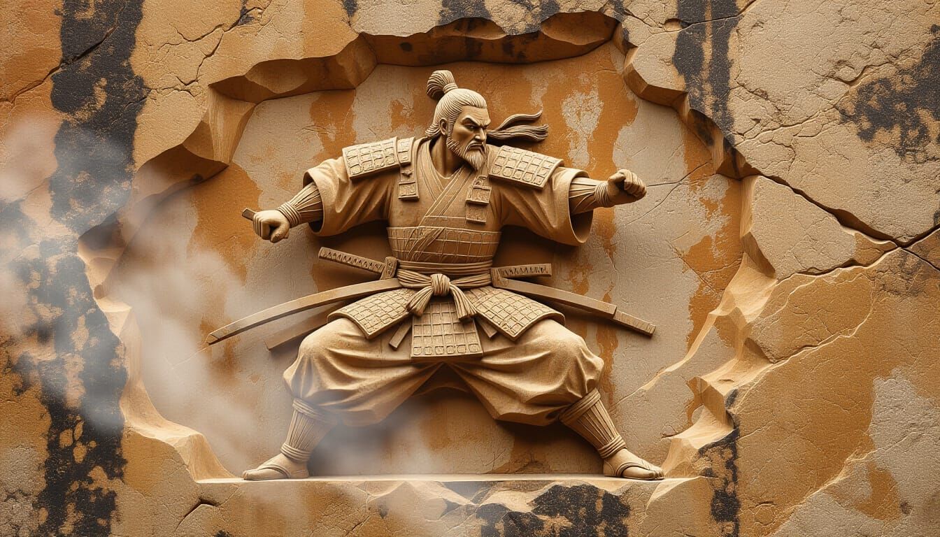 Ronin Warrior Bas-Relief Sculpture on Stone Cliff