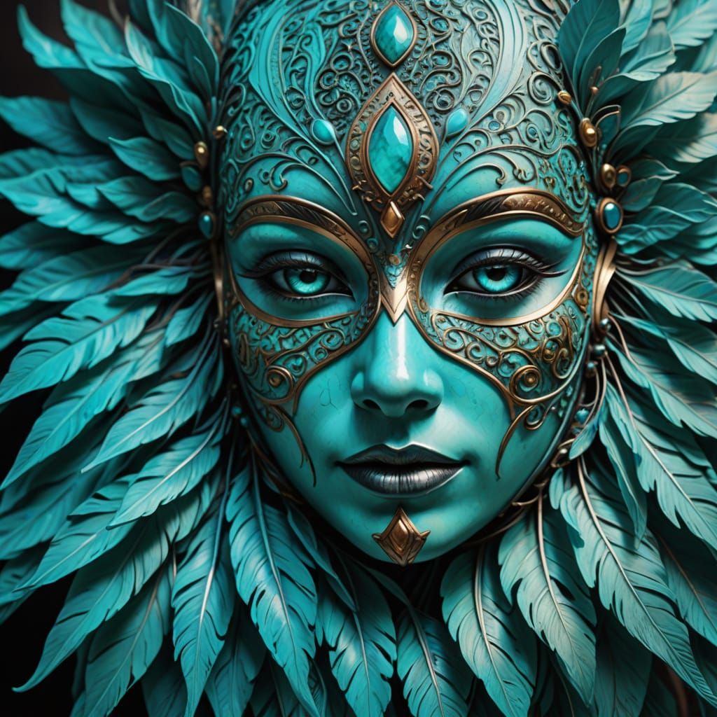 Turquoise Art Mask in Vibrant Oil Painting Style