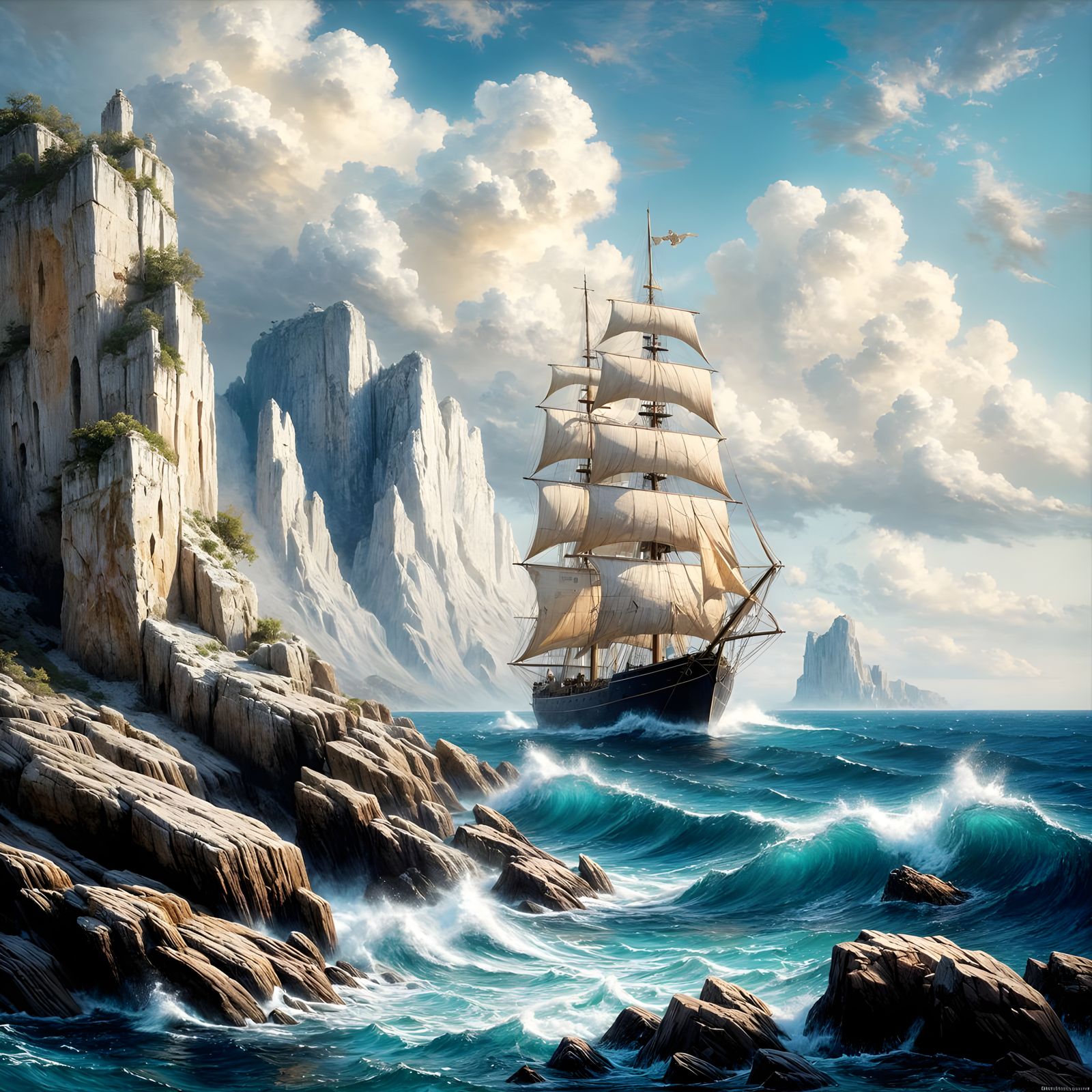 Tall Ship Navigating a Dramatic Coastline as Impasto Paintin...